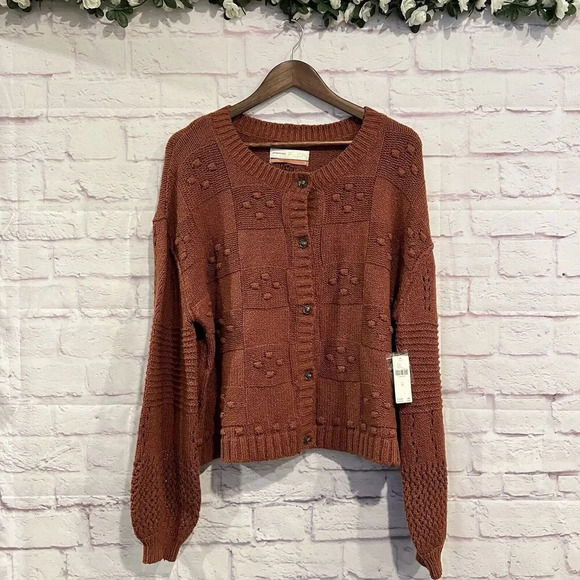 ANTHROPOLOGIE‎ Pilcro Textured Puff Sleeve Cardigan Sweater Size XL Button Front - Picture 2 of 11